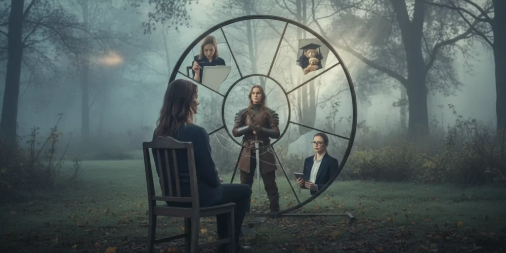 Mulher sentada de costas em uma cadeira de madeira, olhando para um grande espelho redondo fragmentado ao ar livre em um campo nebuloso ao amanhecer. No centro do espelho, reflete-se uma guerreira com armadura de couro e espada. Nos fragmentos ao redor, aparecem os reflexos dela como uma artista pintando, uma criança sorrindo com um urso de pelúcia e chapéu de formatura, e uma executiva concentrada com um tablet. A luz suave da manhã e os tons metálicos criam uma atmosfera introspectiva e misteriosa.