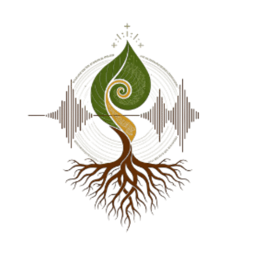 Uma logo que representa uma árvore estilizada com raízes profundas e uma folha em formato de espiral no topo. O design apresenta tons terrosos e verdes, com detalhes intrincados e um fundo escuro que a destaca.