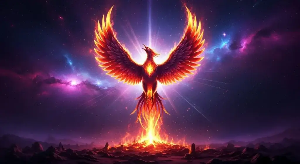 fênix dourada renascendo em meio ao fogo sob o céu estrelado, simbolizando o renascimento interior